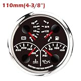 MOTOR METER RACING W PRO Series 2 Gauge Set 110mm 4-3/8" 2 in 1 GPS Speedometer & Tachometer, Multi-Function Volt, Fuel Level, Water Temperature & Oil Pressure Black Dial White LED for Car, Boat