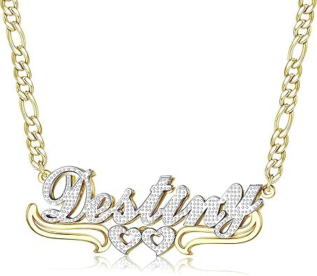 Pscelestiy Double Plated Name Necklace, Personalized Name Necklace, 18k Gold Plated Nameplate Pendant for Women Men (Style A)