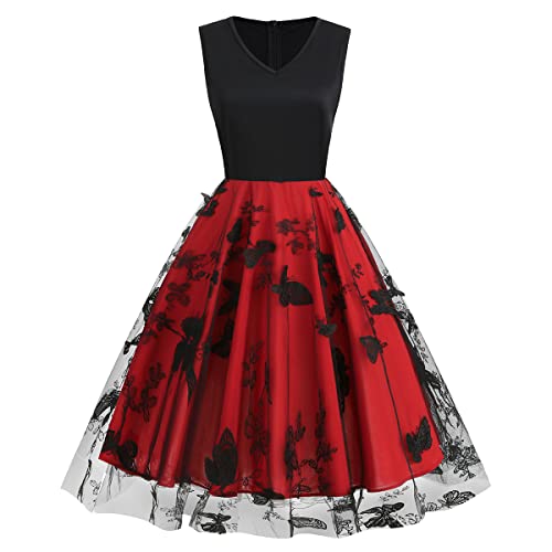 Women Butterfly Embroidery Floral Dress Sleeveless V Neck Vintage 50s Cocktail Dress Patchwork Contrast Color Block Mesh Embroidered Flower Dress Retro Short Prom Formal Evening Dress Black+Red 2XL