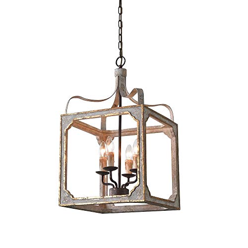 LOVEDIMA French Country Chandelier 4-Light Lantern Pendant Lighting Square Wood Metal Chandeliers Hanging Light Ceiling Light Fixtures in Antique Gray & Antique Gold