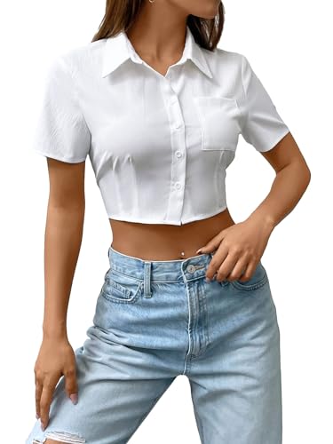 SHENHE Women's Short Sleeve Button Up Shirt Casual Collared Cropped Button Down Top White S