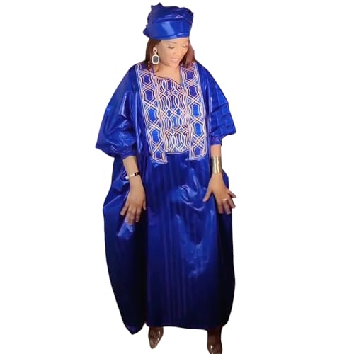 HD Woman's Traditional African Bazin Boubou Dress Embroidery Navyblue Maxi Gown Plus Size with Headwrap