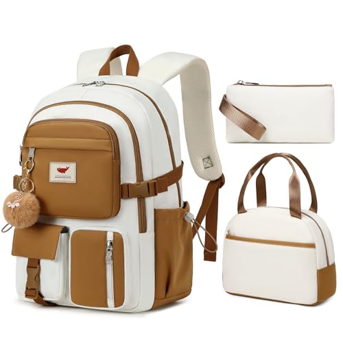 Laptop Backpack 15.6 Inch Elementary Middle High School Bag College Backpacks with Lunch Box Pencil Pouch 3 PCS Set Travel Bookbags for Teens Girls Women Students (Beige Khaki)