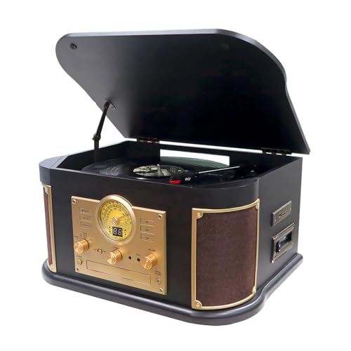 All-in-One Vinyl Record Player with Bluetooth, CD, Cassette Tape, AM/FM Radio, USB/SD Recorder, 3 Speed Vintage Turntable with Built-in Speakers, Aux-in, RCA Line-Out