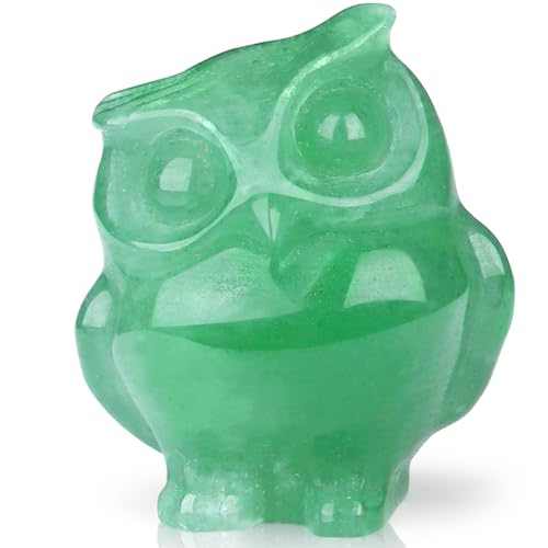 QINJIEJIE Green Aventurine Crystals Owl Figurines Natural Carved Stone Decor Polished Gemstone Statue Home Desk Sculpture Room House Office Animal Decorations Pocket Gem Collectible Gifts for Women
