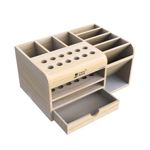 HZY Classic Wooden Tool Box with 20 Compartments for Screwdriver, Tweezers, Mobile Phone Repair, Desktop, Home DIY, Brown