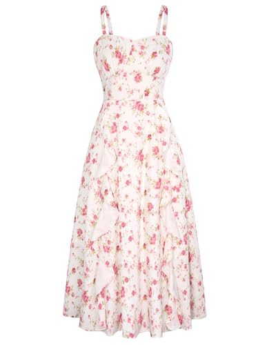 Belle Poque Wedding Guest Pink Floral Midi Dress Chiffon Dresses for Women Spring 2024 Boho Midi Dress Pink Floral, S
