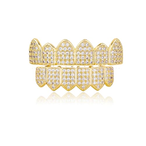 TOPGRILLZ Grillz Vampire Teeth - Silver Grills for Your Teeth Diamond Grillz for Women Men 18K Gold Plated Iced out Hip Hop Rapper Costume Cosplay Extra Molding Bars（Gold 6 Fang）