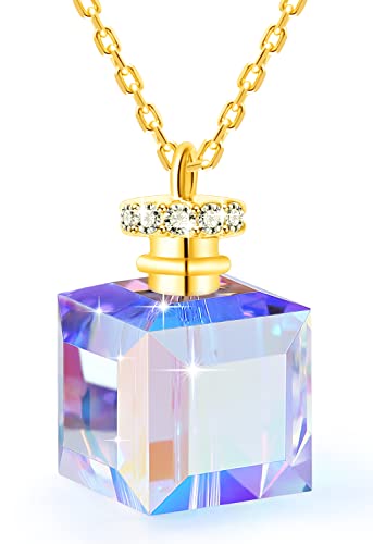 Aurora Crystal Cube Square Necklace Gifts for Women Girls Faceted Pendant Dainty Perfume Bottle Shaped 18K Rose Gold Plated