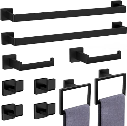 10-Pieces Matte Black Bathroom Accessories Set, Stainless Steel Bathroom Hardware Set, Towel Racks for Bathroom Wall Mounted 24 Inch Bath Towel Bar Set.