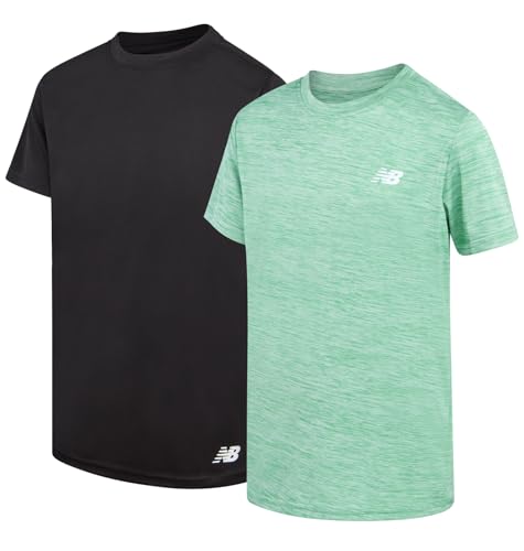 New Balance Boys' Athletic Shirt - 2 Pack Short Sleeve Crew Neck Active Performance T Shirts for Boys (Sizes: 8-20), Size 10/12, Green Space Black