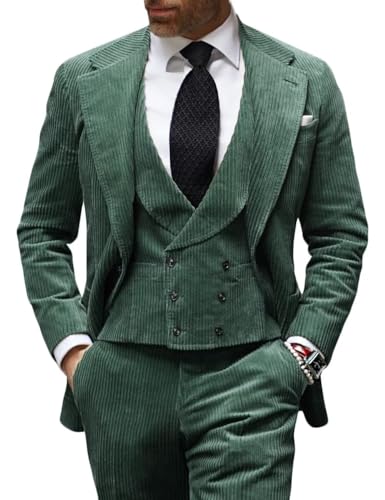 Men 3 Piece Slim Fit Suit Green Corduroy Suits for Men Solid Blazer Vest Pant Set Wedding Prom Suit Size L