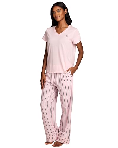 U.S. Polo Assn. Pajama Sets for Women 2 Piece, PJ Sets with Knit Tee and Woven Pajama Pants (Light Pink Heather, Medium)