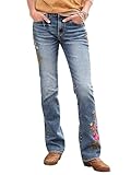 Flamingals Women's Floral Embroidery Mid Waist High Stretch Bootcut Jeans with Pockets Sky Mid Blue L