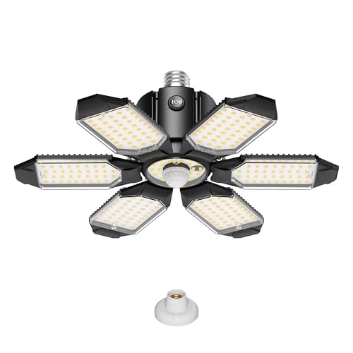 Kryoza Motion Sensor Garage Light 200W 20000LM, Deformable LED Ceiling Light with 360° Detection & 3 Modes - 6500K Motion Sensor Light Indoor Bulb for Basement/Workshop
