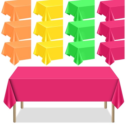12 Pack Plastic Table Cloth Disposable Assorted Neon Colorful Rainbow Tablecloth Rectangle Bulk Solid Color Table Cover Party Supplies Birthday Wedding Picnic Home Fiesta Decorations (54 X 108 Inch)
