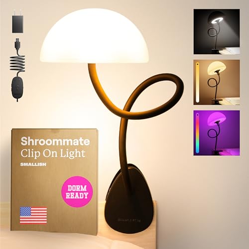 Shroommate Clip On Light and Bed Headboard Lamp, Bedside Table Lamp, Dorm Room Essentials, Night Light for Kids Nursery, Clip on for Desk, MultiColor LEDs, Adapter Included (Black)