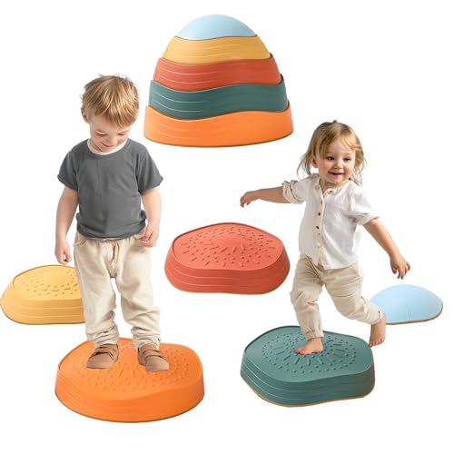 LoomLark Balance Stepping Stones for Kids 5pcs Non-Slip River Stones Obstacle Course Play Indoor and Outdoor Coordination Game Sensory Toys Toddler Ages 3 4 5 6 7 8+ (Classic)