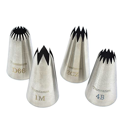 Tumtanm Large Piping Nozzles, 4Pcs #2CZ #D66#4B #1M Stainless Steel Seamless Icing Piping Nozzle Tip Set for Cupcakes and Baking