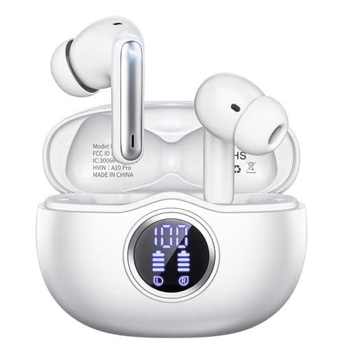 Sisism A10 Pro Wireless Earbuds Bluetooth 5.3 HiFi Stereo, 50H Playback LED Digital Display Earphones, ENC Noise Cancelling Mic, Ergonomic Sport Headphone Headset for Gym/Running/Work - White