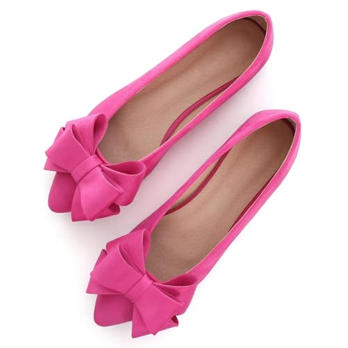 SAILING LU Bow-Knot Ballet Flats Womens Pointy Toe Flat Shoes Suede Dress Shoes Wear to Work Slip-ons Loafers Moccasins Rose Size 8