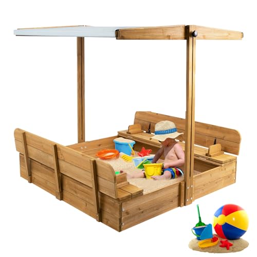 Wooden Sandbox with Lid, Kids Sandbox with Canopy Outdoor, Sandboxes with Covers Foldable Bench Seats for Backyard, UV-Resistant & Adjustable Height Roof, Gift for Ages 2-8 (47x47in)