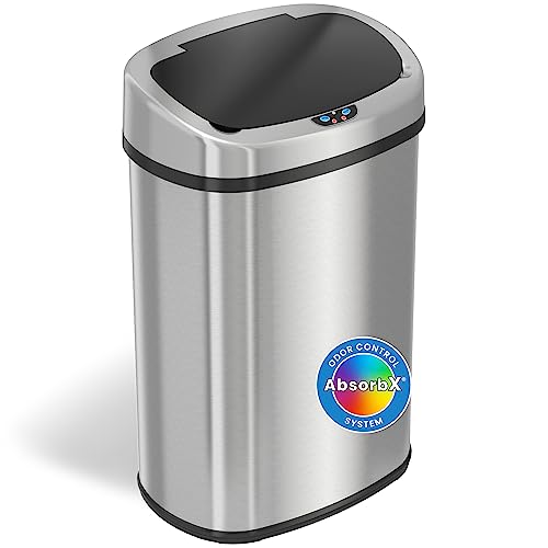 iTouchless SensorCan 13 Gallon Kitchen Trash Can with Odor Filter, Stainless Steel Oval Automatic Trashcan for Home Office Bedroom Living Room Garage Large Capacity Slim Space-Saving Bin