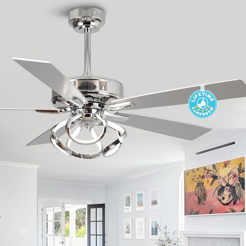 Parrot Uncle Ceiling Fans with Lights and Remote, 52 Inch Modern Chandelier Fans for Bedroom Living Room, Silver Lighting Ceiling Fans Flush Mount, Dimmable LED, 3 Speeds, Reversible DC Motor, ETL