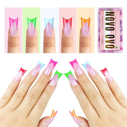 NOVO OVO French Tip Duck Feet Nail Tips 5 Mix Color Full Cover for Press on Acrylic with Moon Curve, Need Top Coat and Builder Gel, Thick Medim Soft Gel Fake False Nail Extension X 15 Sizes 150 Pcs