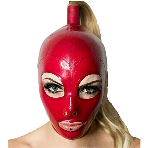 IMZAUYH Latex Mask Red Hood with Blond Golden Wig Back Zipper Rubber Mask Cosplay Head Cover BC45 (Red, L)