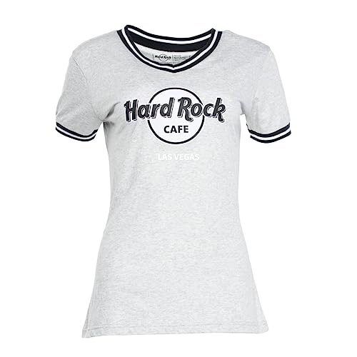 Hard Rock Women's Logo Ribbed Vneck Ringer Tee Grey, Las Vegas (LVs), Medium