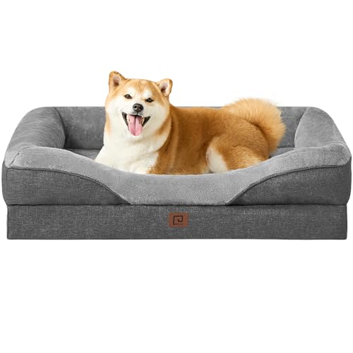 EHEYCIGA Memory Foam Dog Bed for Large Sized Dog, Orthopedic Dog Sofa Bed with Sides and Waterproof Liner, Washable Bolster Pet Bed Couch with Removable Cover, 36x27x7 Inch, Grey