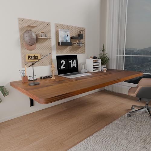 IAE Floating Wall Mounted Folding Table Desk with Pine Wood,48" x 22" Foldable Workbench,Fold Down Wall Mounted Foldable Desk with Shelf Brackets,Laundry Folding Table for Home,Dining,Kitchen,Teak