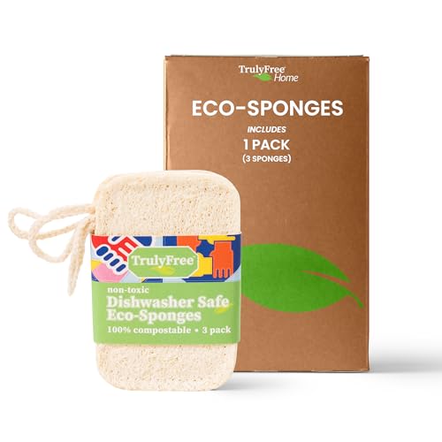 Truly Free Natural Cleaning Sponges, 100% Organic Luffa Dish Scrubber, Plant-Based Compostable Kitchen Dishwasher Sponge, Cleans Sink, Grout & Tile, Non Scratch Scouring Pad - 4.4 x 2.8 in, Pack of 3