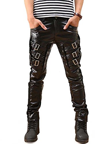 Idopy Men`s Rock Punk Hip Hop Faux Leather Motocycle Pants (33W x 42L, Black)