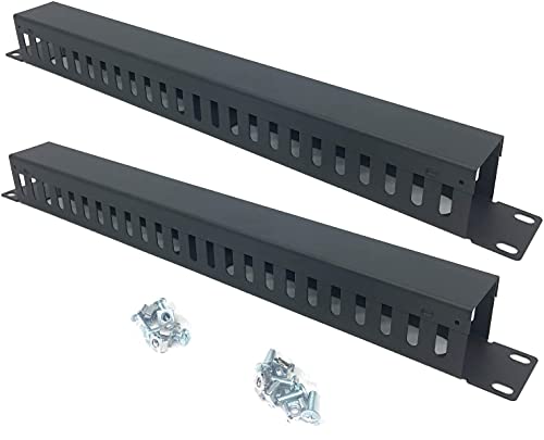 QiaoYoubang 2 Pack 1U 19 Inch Cable Manager Horizontal Rack Mount 24 Slot Metal Finger Duct Wire Organizer with Cover and Mounting Screws for Server Rack, Black(24S2P)