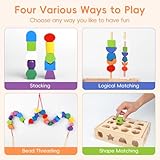 3 in 1 Wooden Color Sorting Stacking Toys, Montessori Toys Geometric Shape Sorter Matching Toys Lacing Beads Sequencing Toy Set Preschool Learning Fine Motor Skills Toys for Toddlers 3 4 5 Years