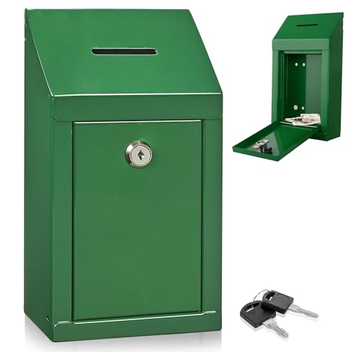 Metal Donation Box-Suggestion Box with Slot and lock-Cash Lock box for Money-Secure Drop Box-Comment and ballot voting box-comes with pre-drilled holes for easy wall mounting 10 X 6 X 2.5"(Green)