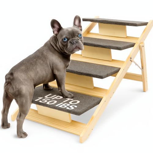 4-Step Wooden Dog Stairs for High Bed – Sturdy Pet Ladder for Small, Medium & Large Dogs – Safe Indoor Steps for Pets – Great Alternative to Dog Ramp – Ideal for Furniture, Sofa & Tall Beds