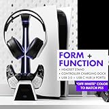 Tilted Nation RGB Headset and Controller Stand with Charging Station - for PlayStation or PC - PS4 / PS5 Controller Holder with Charger - Headphone and Game Controller Holder for Desk - White