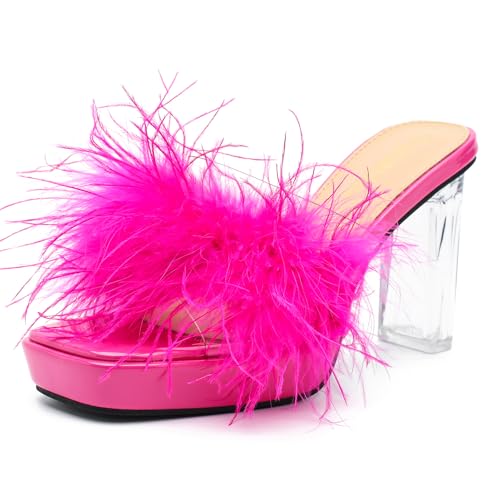LIURUIJIA Women's Square Toe Platform Chunky Heel Slip on Sandals Feather Fuzzy Heels Mules Wedding Bridal Party Dress Shoes Hot Pink 41 US 8.5