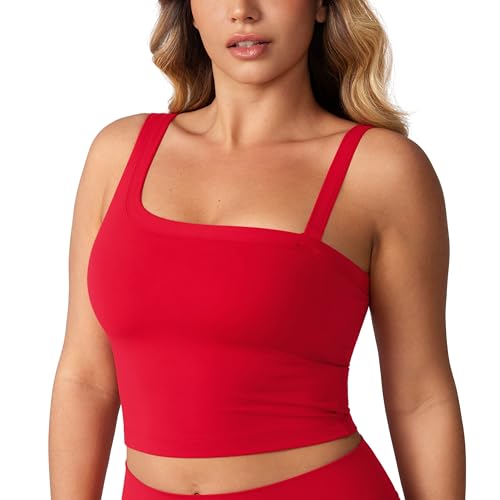 UNISSU Hugcurve Detachable Shoulder Strap Longline Sports Bra for Women One Shoulder Workout Tank Crop Tops Built in Bra Aurora Red Medium