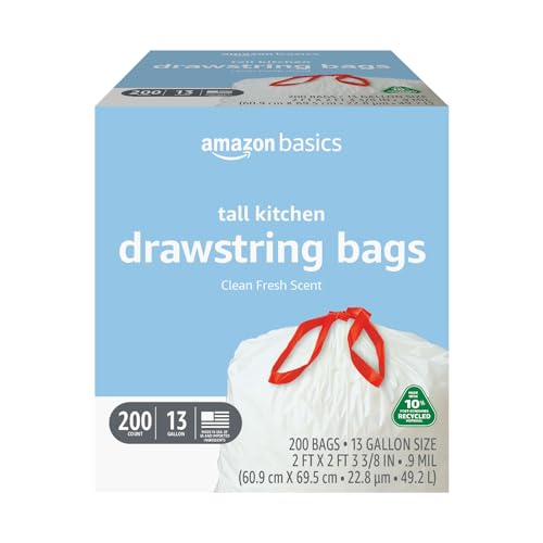 Amazon Basics 13 Gallon Tall Kitchen Drawstring Trash Bags, Clean Fresh Scnet, 10% Post Consumer Recycled, 200 Count