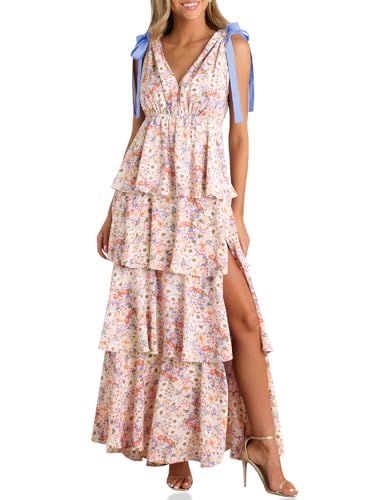 Wenrine Womens Summer Floral Maxi Dress Tie Strap Sleeveless V Neck High Slit Boho Ruffle Tiered Beach Dresses Violet