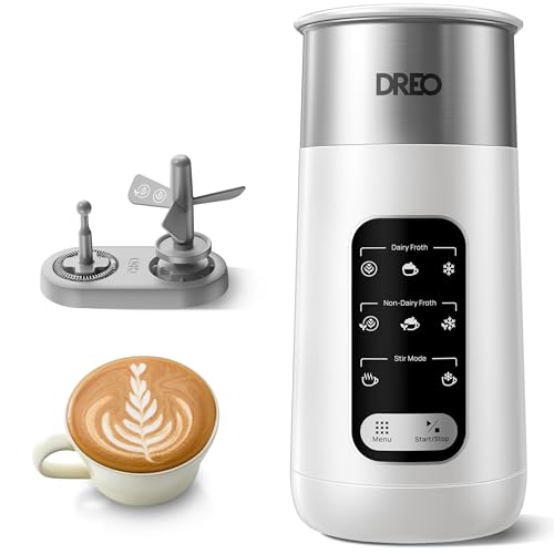 Dreo Milk Frother, 8-in-1 Electric Frother for Latte Art Coffee, 9oz/270ml Warm and Cold Foam Automatic Frothers for Dairy and Non-Dairy Milk, LED, Easy to Clean, BaristaMaker Air, White