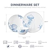 Minh Long 12 pcs Porcelain Plates and Bowls Sets, Ocean Dinnerware Sets, Microwave/Oven/Dishwasher Safe, Gift for Family, Thanksgiving, Christmas, Boxing day, New year (Multi-size, Ocean)