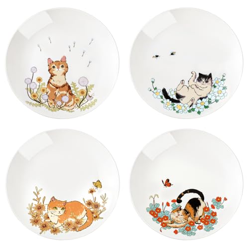 Colias Wing 8 Inch Cat and Flower Pattern Stylish Design Ceramic Salad/Pasta/Fruit/Appetizer/Dessert Dishes Holiday Plates Christmas Dinner Plates-Set of 4-4 Cats-8 Inch