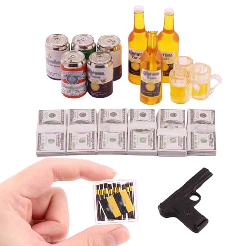 1 Set Mini Prop Miniature Beer Bottles Mini Beer Cans Miniature Money 100 Dollar Bills Model Set for 1/6 Scale Tiny Doll Assesories Dollhouse Decoration Figure Accessories (Set C)