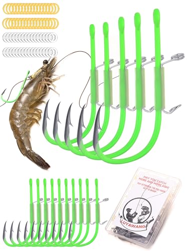 luyawang 10/40 Packs Luminous Live Shrimp Hooks - High Carbon Steel, Barbed, Saltwater Resistant, Ideal for Bass, Groupers, Pike & More (Small Set 【2/0 * 10pcs】)
