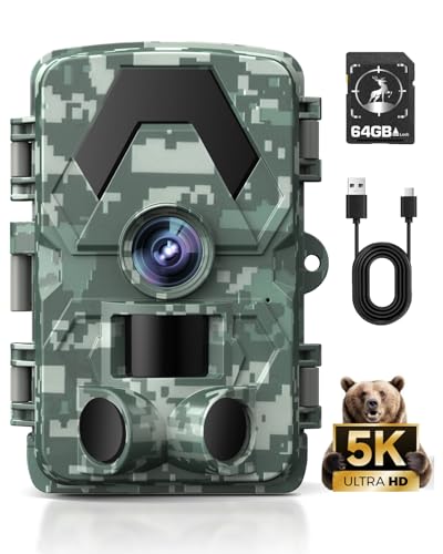 EBXDW Trail Camera, 5K 60MP Game Camera with 130°Wide Angle, IP66 Waterproof Night Vision with No Glow Infrared LEDs, 0.05s Trigger Motion Activated for Wildlife, Green